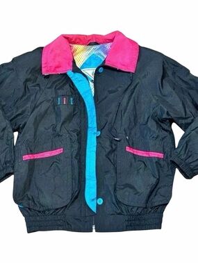 Vintage Cycle Brand Black Windbreaker Jacket w/ Bright Pink Collar & Blue Trim S
